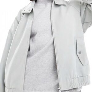ASOS DESIGN Sage Gray leather look textured bomber jacket - Size Small